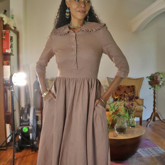 Prune Brown Cottage Core Linen Dress - Picture 3 of 6